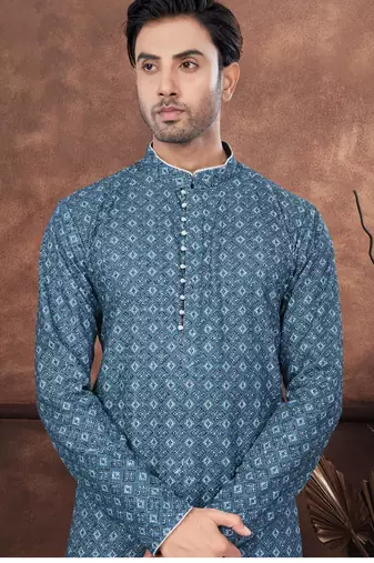 Blue & multicolor digital printed full embroidery chikankari thread work kurta pajama set