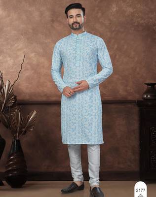 Blue & multicolor digital printed full embroidery chikankari thread work kurta pajama set 1