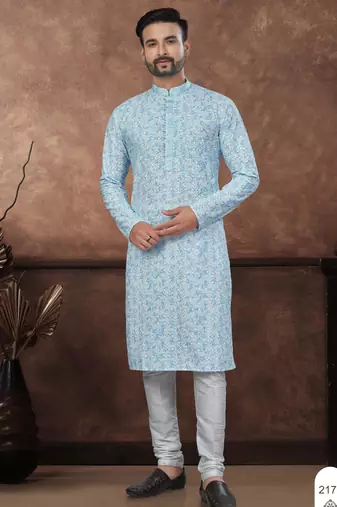 Blue & multicolor digital printed full embroidery chikankari thread work kurta pajama set