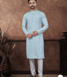 Blue & multicolor digital printed full embroidery chikankari thread work kurta pajama set