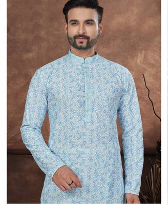 Blue & multicolor digital printed full embroidery chikankari thread work kurta pajama set 2