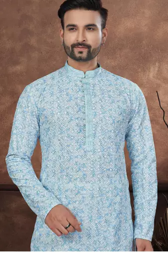 Blue & multicolor digital printed full embroidery chikankari thread work kurta pajama set
