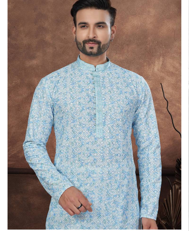 Blue & multicolor digital printed full embroidery chikankari thread work kurta pajama set