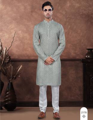 Green digital printed jackard thread work kurta pajama set 1