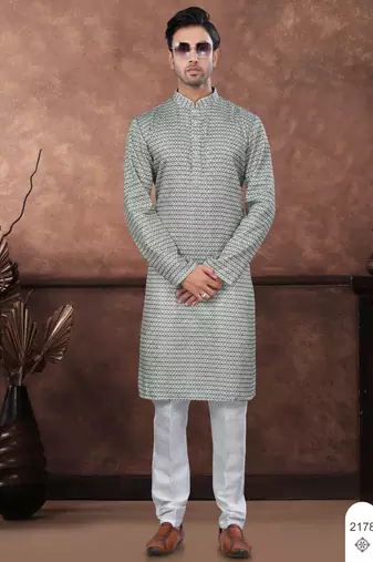 Green digital printed jackard thread work kurta pajama set