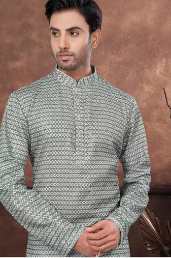 Green digital printed jackard thread work kurta pajama set