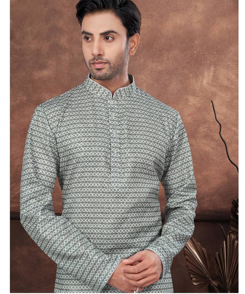 Green digital printed jackard thread work kurta pajama set
