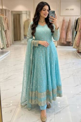 Blue silk blend embroidered flared gown set