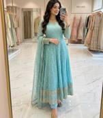 Blue silk blend embroidered flared gown set