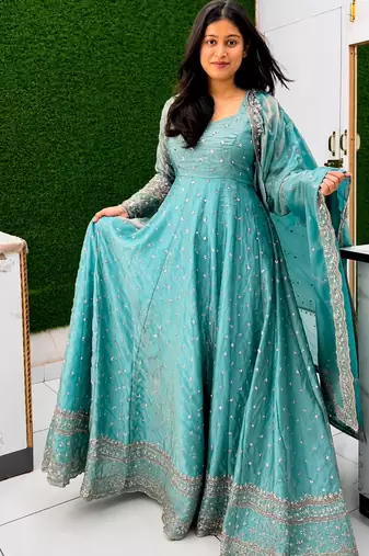 Blue silk blend embroidered flared gown set