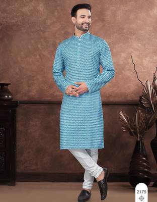 Blue digital printed jackard thread work kurta pajama set 1