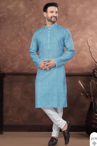 Blue digital printed jackard thread work kurta pajama set