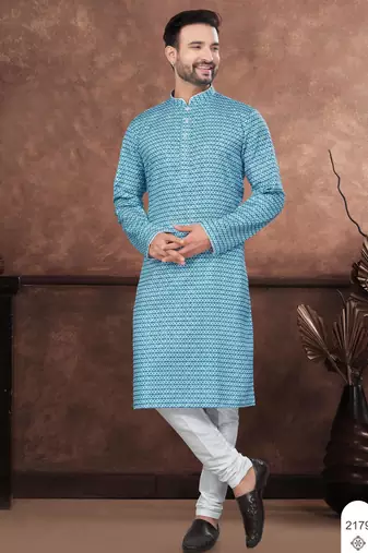 Blue digital printed jackard thread work kurta pajama set