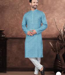 Blue digital printed jackard thread work kurta pajama set