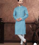 Blue digital printed jackard thread work kurta pajama set