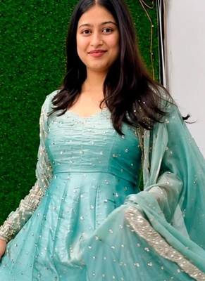 Blue silk blend embroidered flared gown set 3