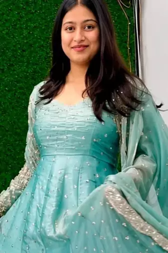 Blue silk blend embroidered flared gown set