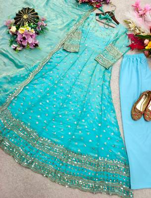 Blue silk blend embroidered flared gown set 4