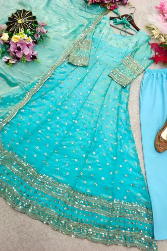 Blue silk blend embroidered flared gown set