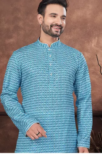Blue digital printed jackard thread work kurta pajama set