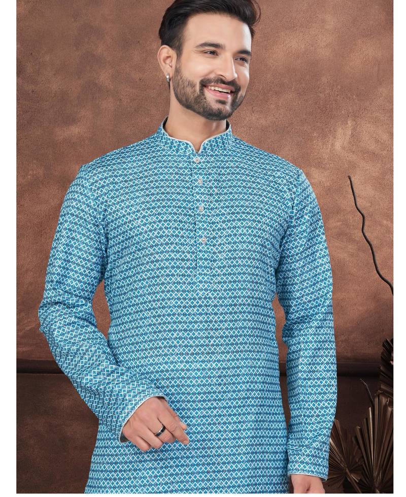 Blue digital printed jackard thread work kurta pajama set