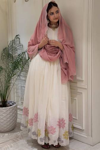White faux georgette embroidered flared gown set