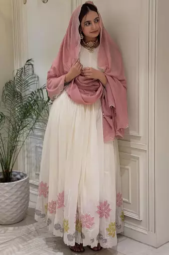 White faux georgette embroidered flared gown set