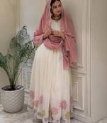 White faux georgette embroidered flared gown set