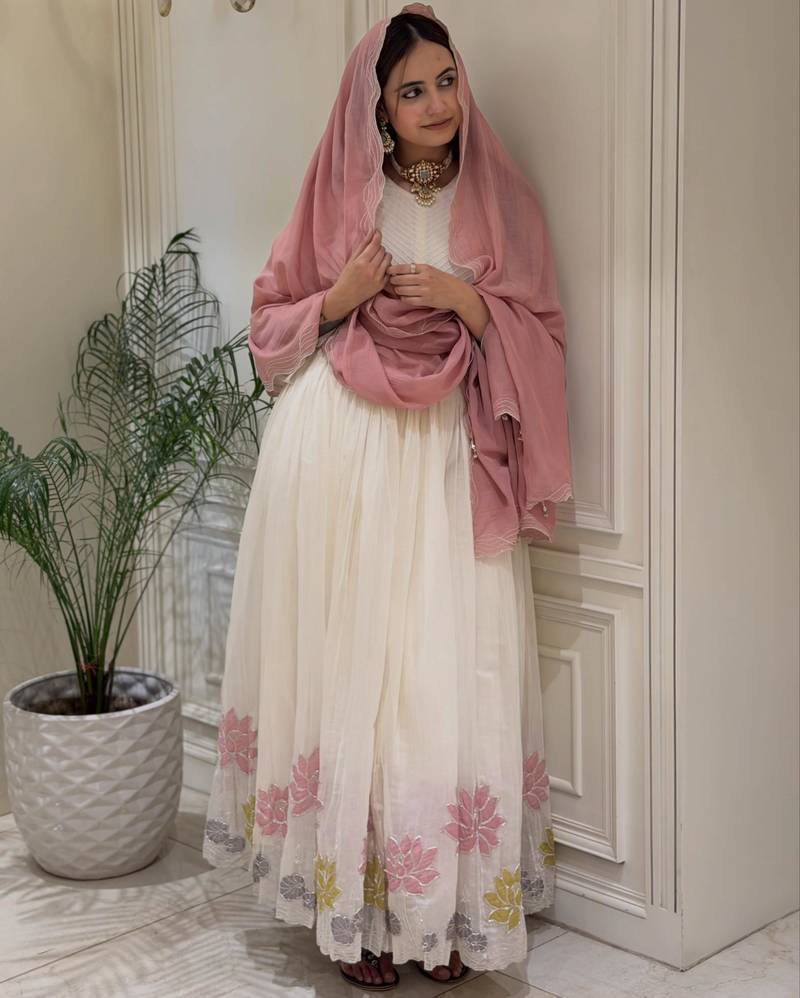 White faux georgette embroidered flared gown set