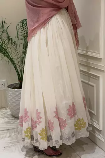 White faux georgette embroidered flared gown set