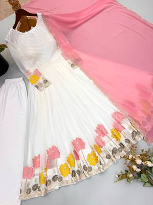 White faux georgette embroidered flared gown set 4