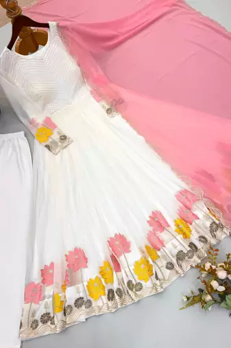 White faux georgette embroidered flared gown set