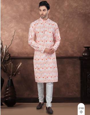 Orenge digital printed full embroidery chikankari thread work kurta pajama set 1