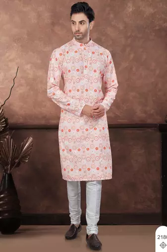 Orenge digital printed full embroidery chikankari thread work kurta pajama set