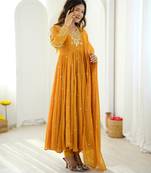 Dark-yellow faux georgette embroidered flared gown set