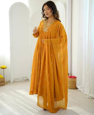 Dark-yellow faux georgette embroidered flared gown set 2