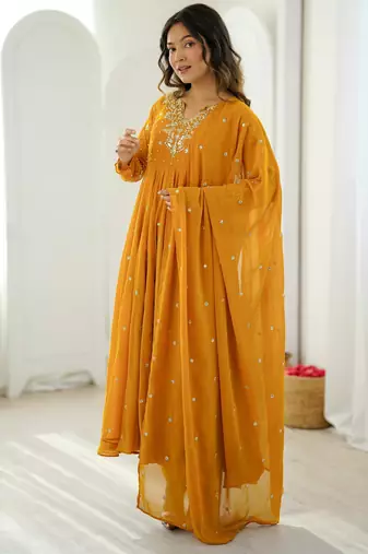 Dark-yellow faux georgette embroidered flared gown set