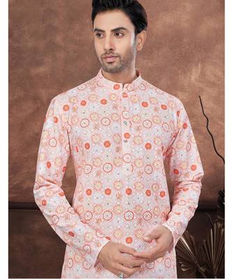 Orenge digital printed full embroidery chikankari thread work kurta pajama set 2