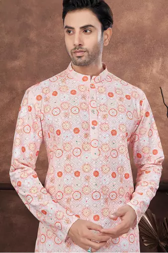Orenge digital printed full embroidery chikankari thread work kurta pajama set