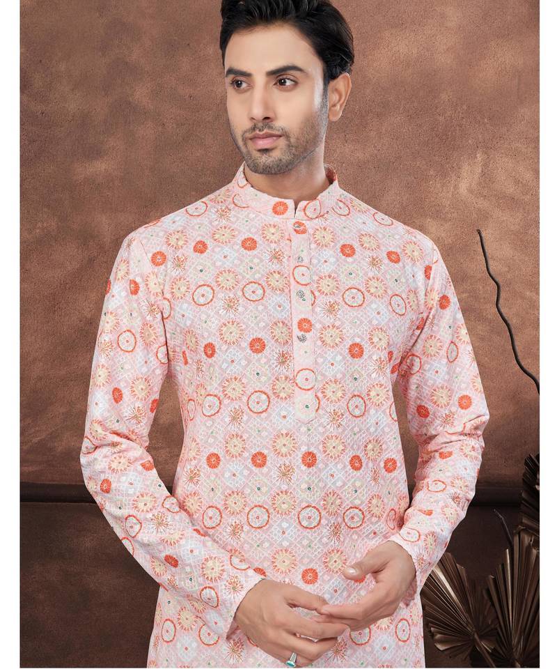 Orenge digital printed full embroidery chikankari thread work kurta pajama set