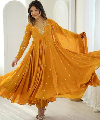 Dark-yellow faux georgette embroidered flared gown set 3