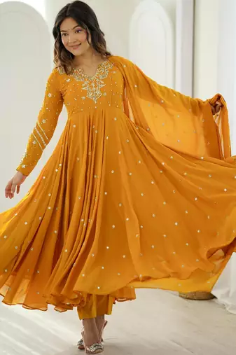 Dark-yellow faux georgette embroidered flared gown set