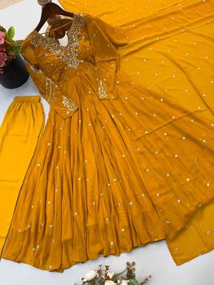 Dark-yellow faux georgette embroidered flared gown set 4