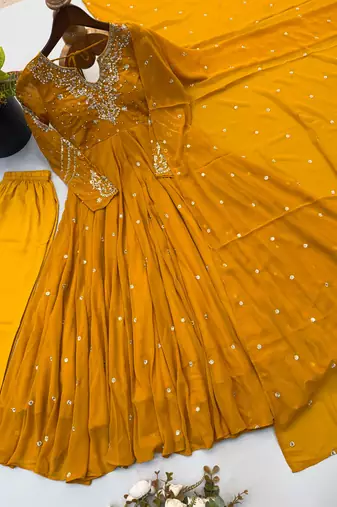 Dark-yellow faux georgette embroidered flared gown set