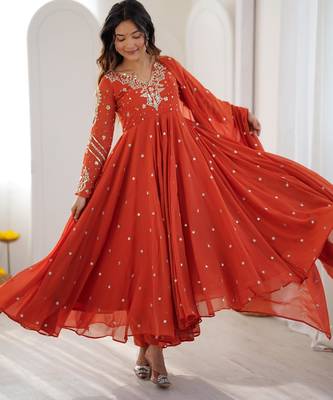 Orange faux georgette embroidered flared gown set 1