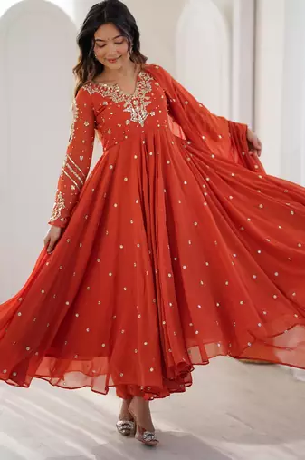 Orange faux georgette embroidered flared gown set