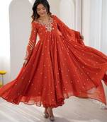 Orange faux georgette embroidered flared gown set