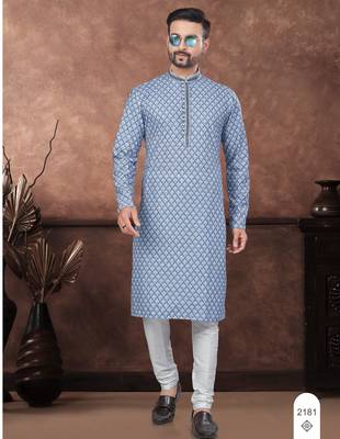 Blue digital printed full embroidery chikankari thread work kurta pajama set 1