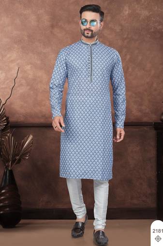 Blue digital printed full embroidery chikankari thread work kurta pajama set