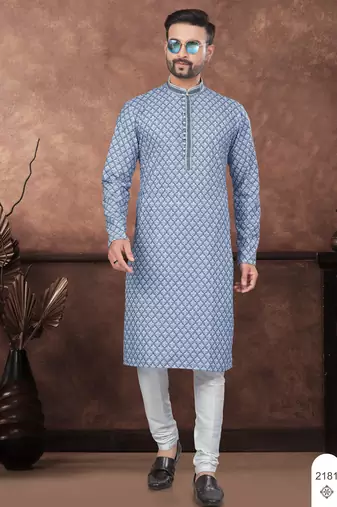 Blue digital printed full embroidery chikankari thread work kurta pajama set